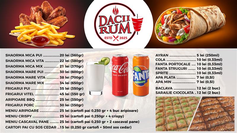Meniu DACIIRUM - prețuri de deschidere